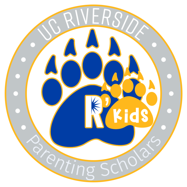 Logo with one big blue paw and one small yellow paw with the words "kids across them. UC Riverside Parenting Scholars in the the round frame. 